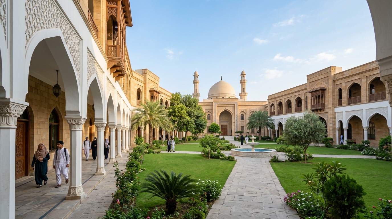 Arched courtyard walkway on the Jamia Uloom ul Quran campus
